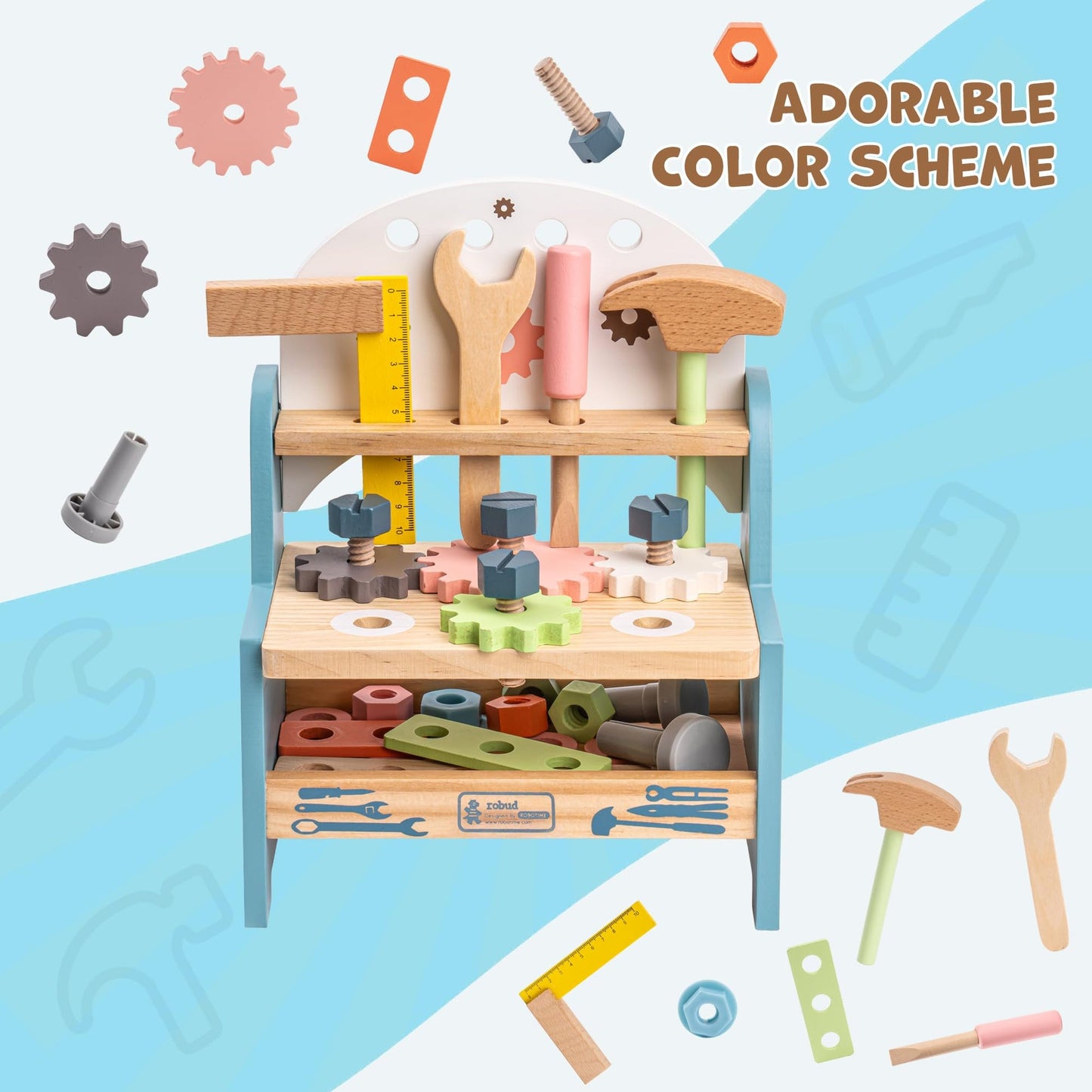 Wooden Toy Workbench with Play Tools and Storage Shelf