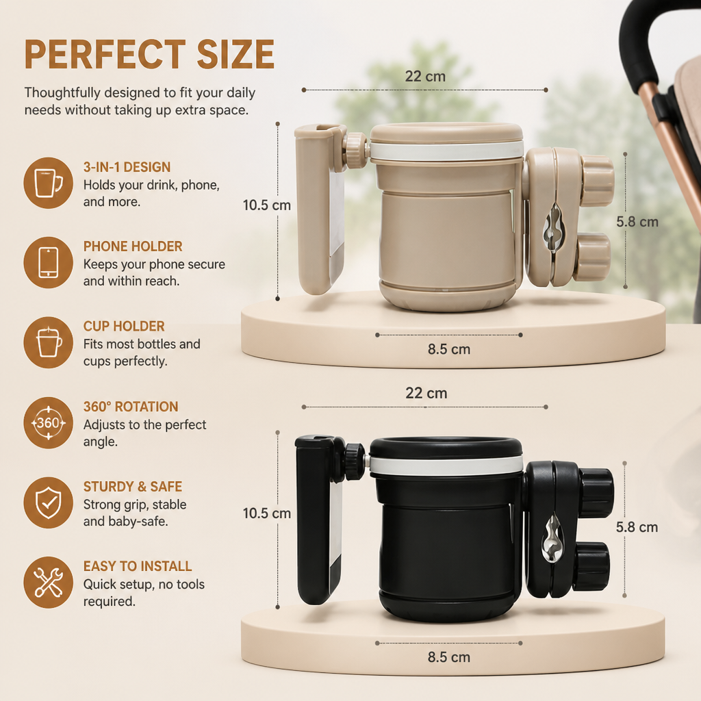 3-in-1 Pram Cup and Phone Holder with Adjustable Clamp