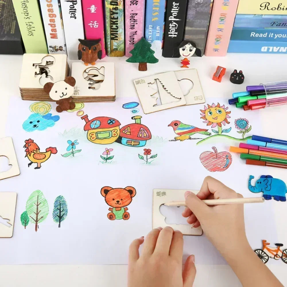 Montessori Kids Drawing Toys DIY Painting Stencils