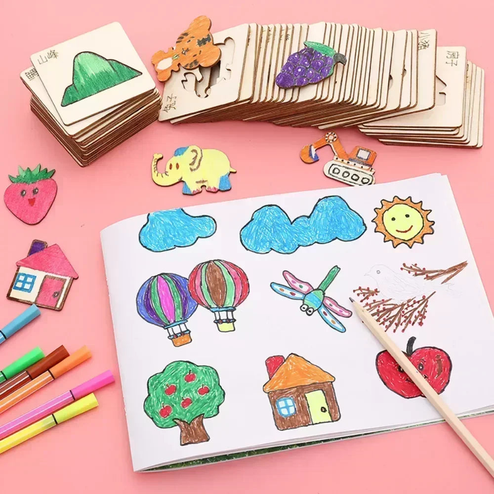 Montessori Kids Drawing Toys DIY Painting Stencils