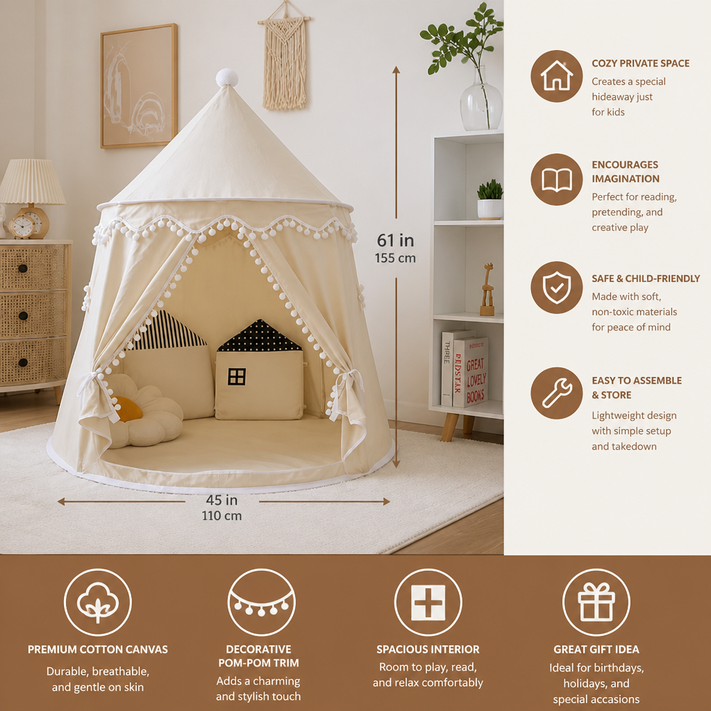 Kids' Indoor Play Tent with Pom-Pom Trim for Reading and Play