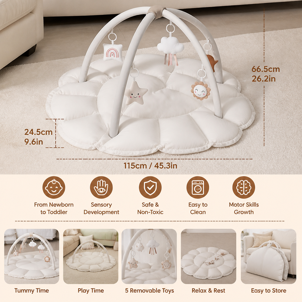 5-in-1 Padded Baby Play Mat with Activity Arch and 5 Hanging Toys
