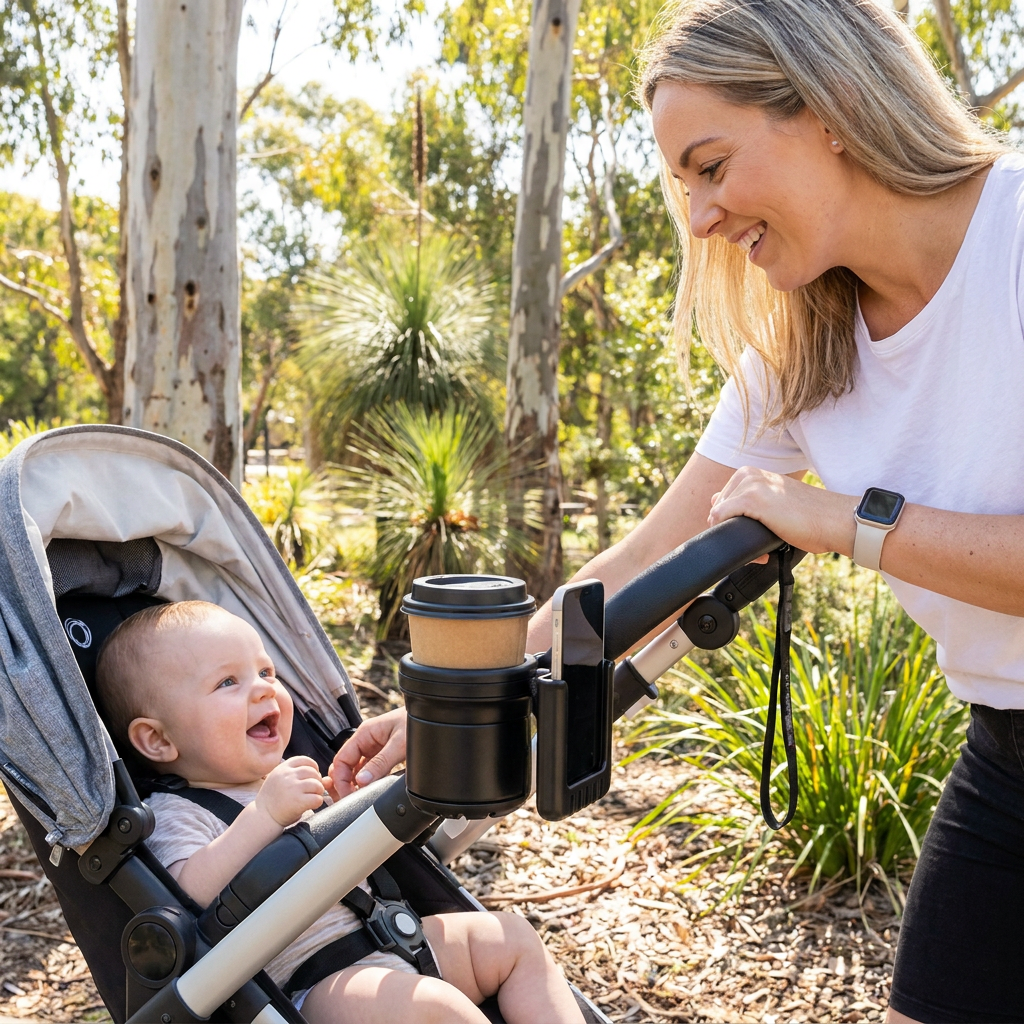 3-in-1 Pram Cup and Phone Holder with Adjustable Clamp