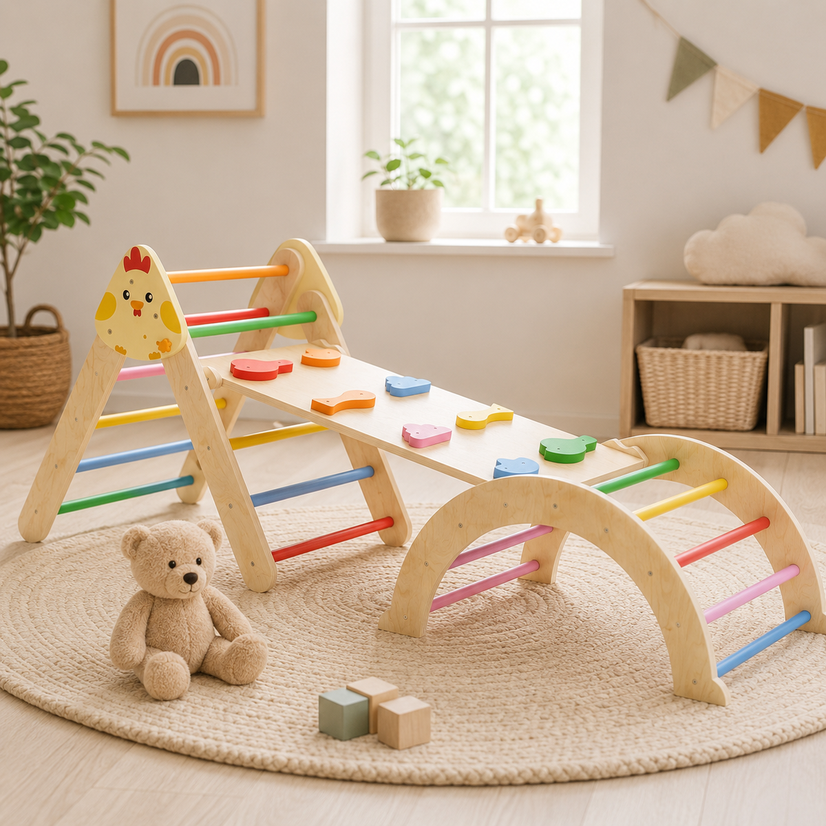 7-in-1 Wooden Climbing Set with Triangle, Arch and Ramp