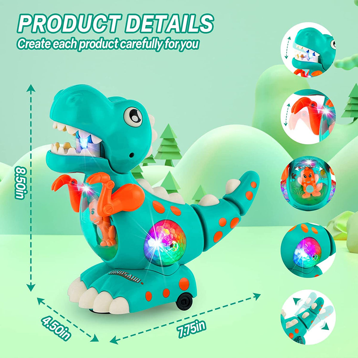 Electric Walking Dinosaur Toy with LED Lights and Music