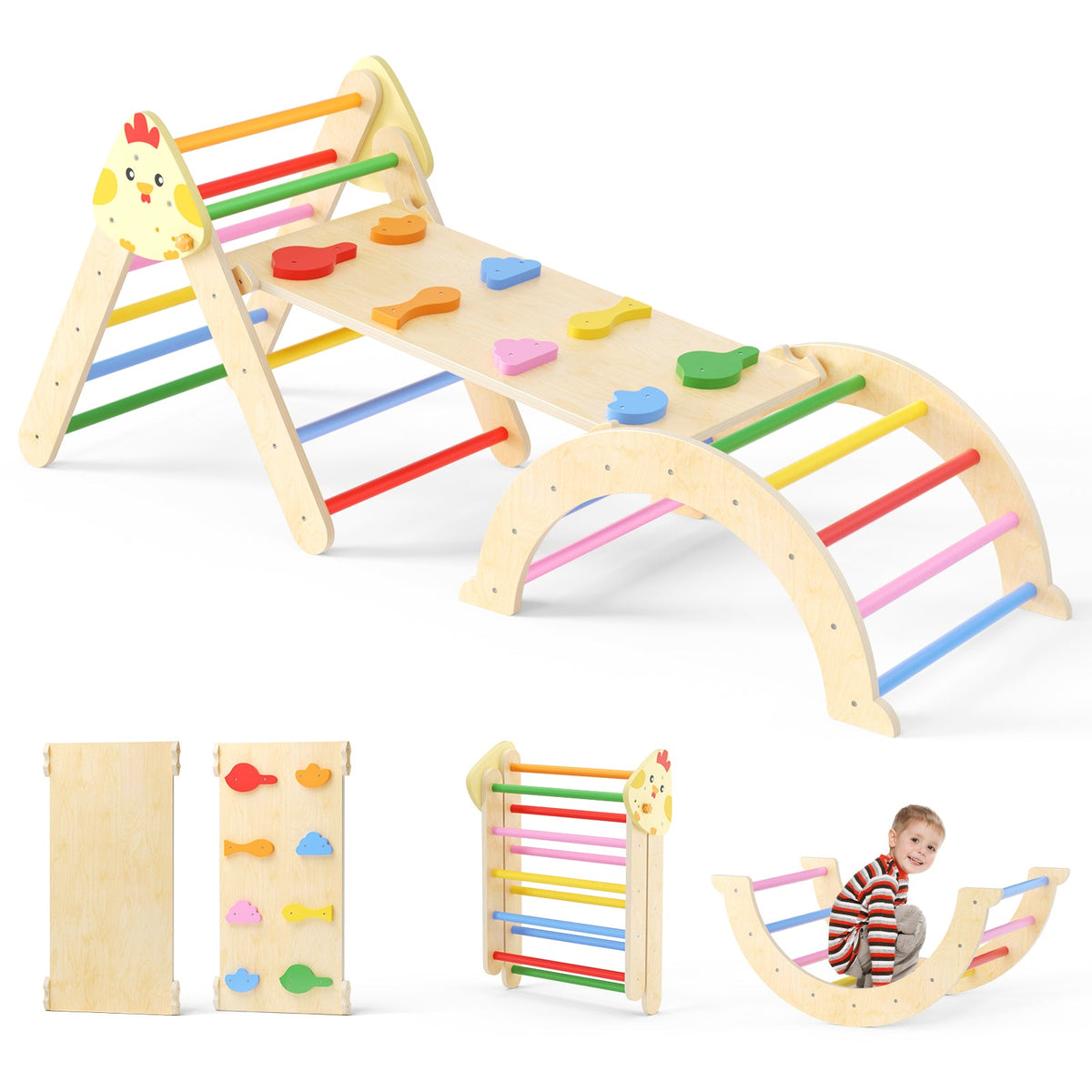 7-in-1 Wooden Climbing Set with Triangle, Arch and Ramp