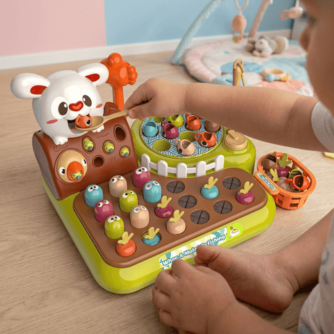 Montessori Wooden Activity Toy with Fishing, Feeding, Pull String & Whack-a-Mole Game