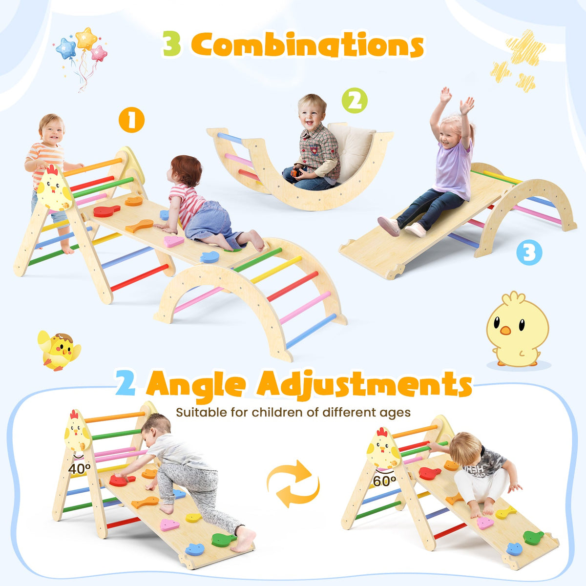 7-in-1 Wooden Climbing Set with Triangle, Arch and Ramp