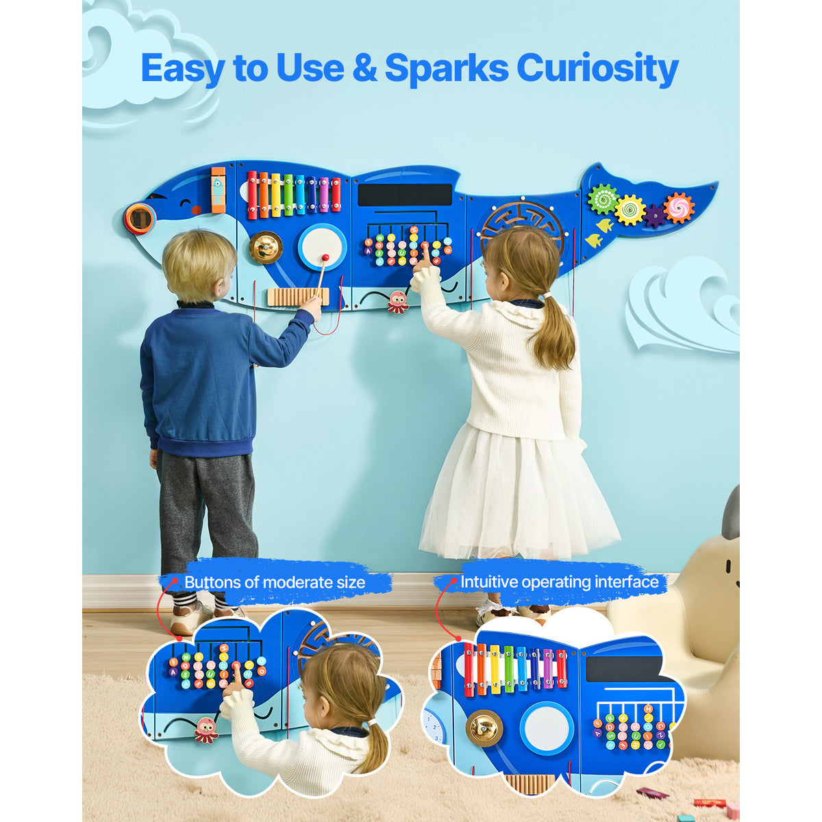 Orca Wall-Mounted Activity Board with 12 Hands-On Activities