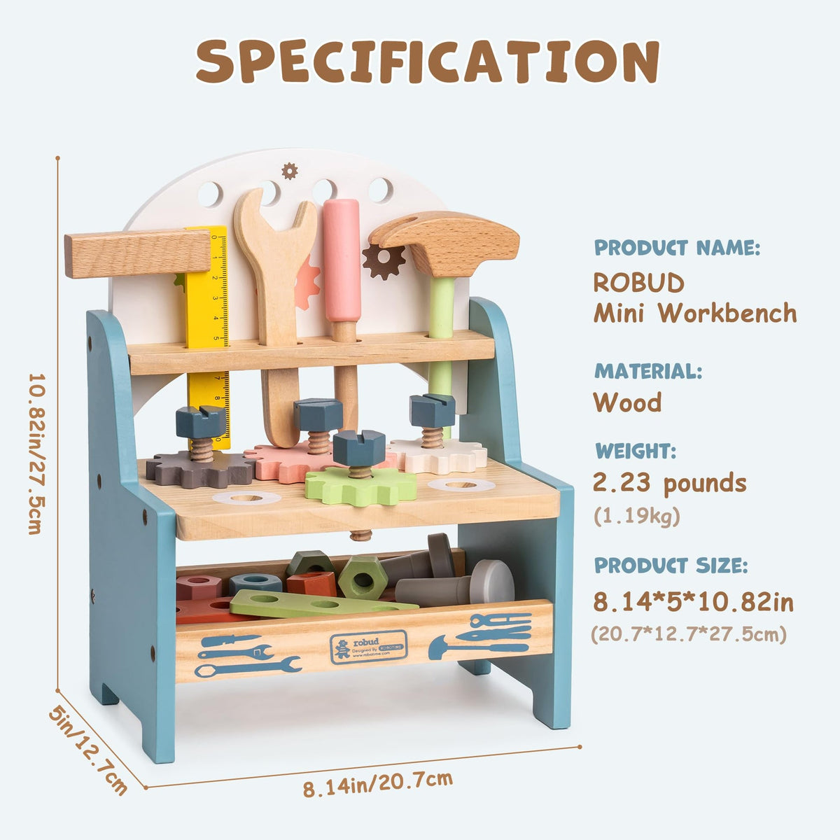 Wooden Toy Workbench with Play Tools and Storage Shelf