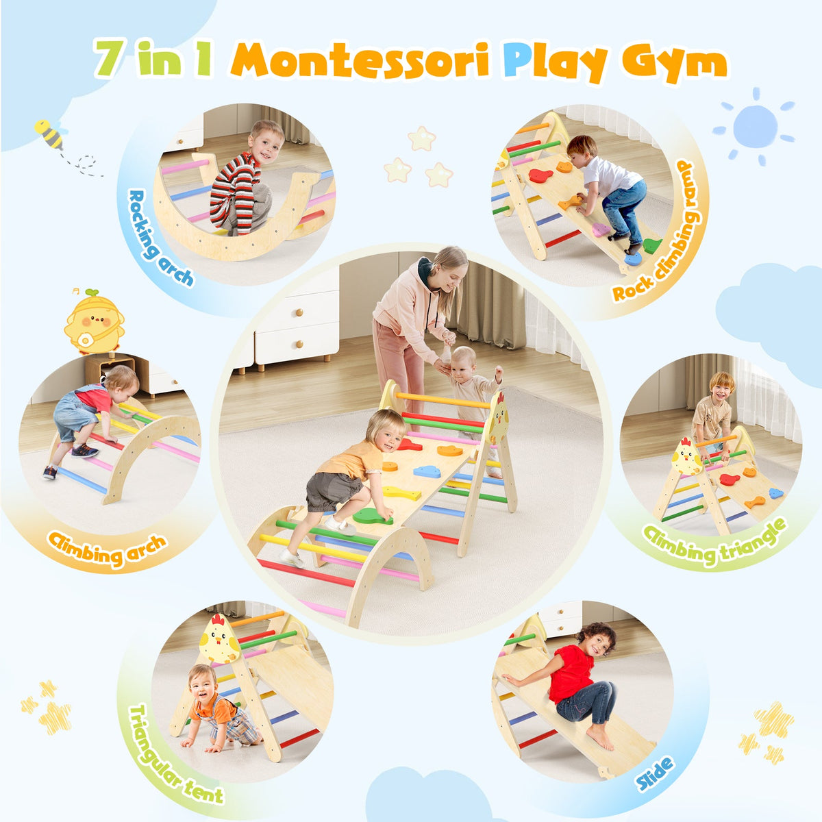 7-in-1 Wooden Climbing Set with Triangle, Arch and Ramp