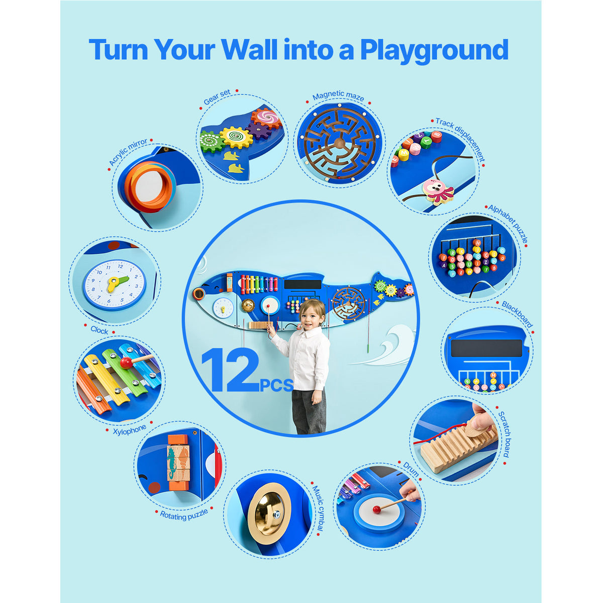Orca Wall-Mounted Activity Board with 12 Hands-On Activities