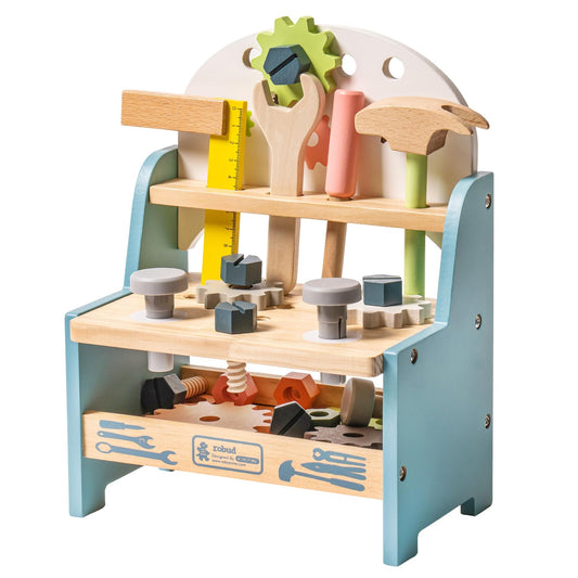Wooden Toy Workbench with Play Tools and Storage Shelf