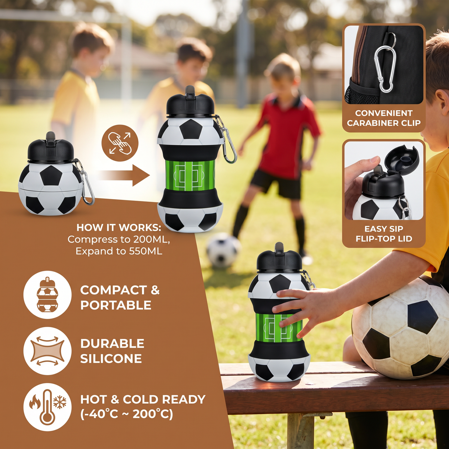 Foldable Silicone Soccer Water Bottle for Kids