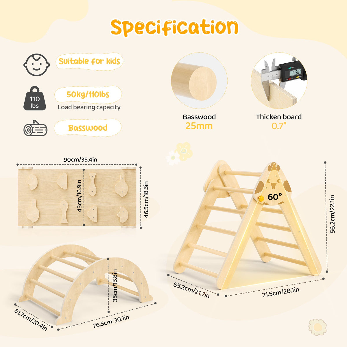 7-in-1 Wooden Climbing Set with Triangle, Arch and Ramp