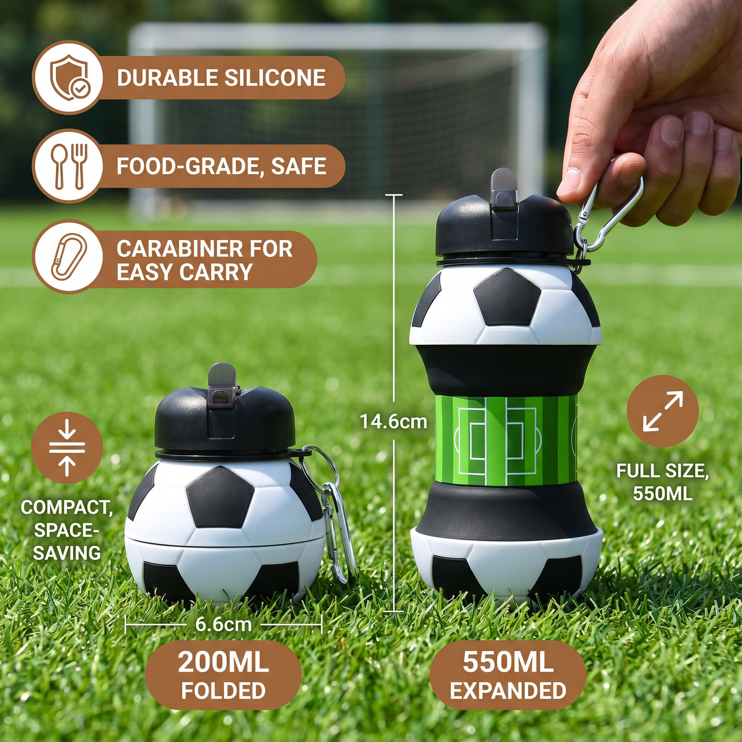 Foldable Silicone Soccer Water Bottle for Kids