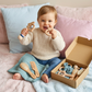 Personalized Newborn Gift Set 6 Pieces – Wooden Teething Toys, Rattle, Baby Brush & Muslin Comfort Blanket