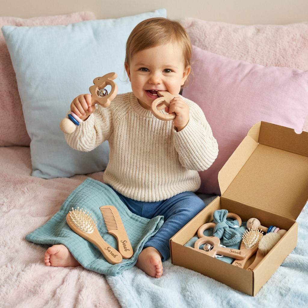 Personalized Newborn Gift Set 6 Pieces – Wooden Teething Toys, Rattle, Baby Brush & Muslin Comfort Blanket