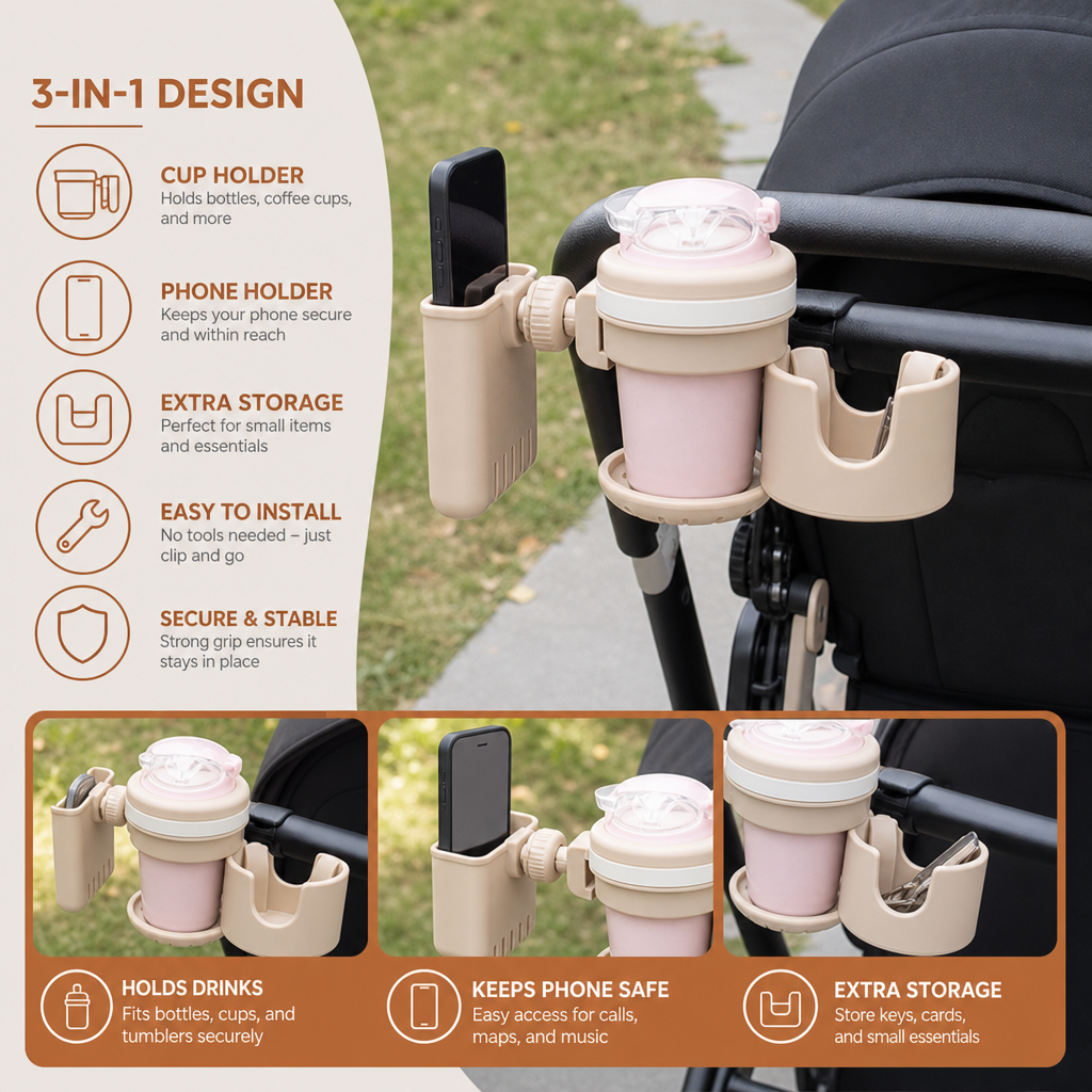 3-in-1 Pram Cup and Phone Holder with Adjustable Clamp