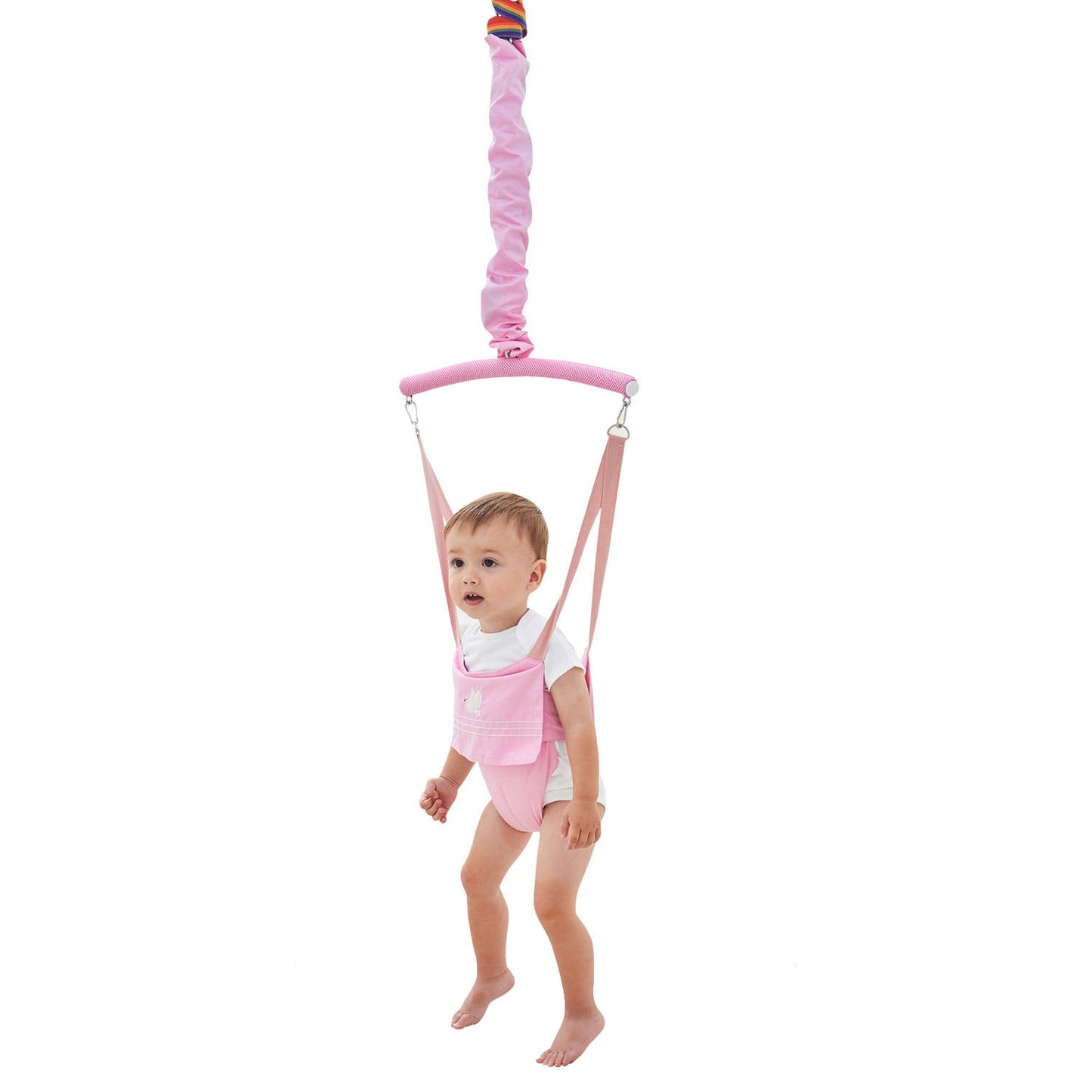 Suspended baby jumper with fabric-covered spring