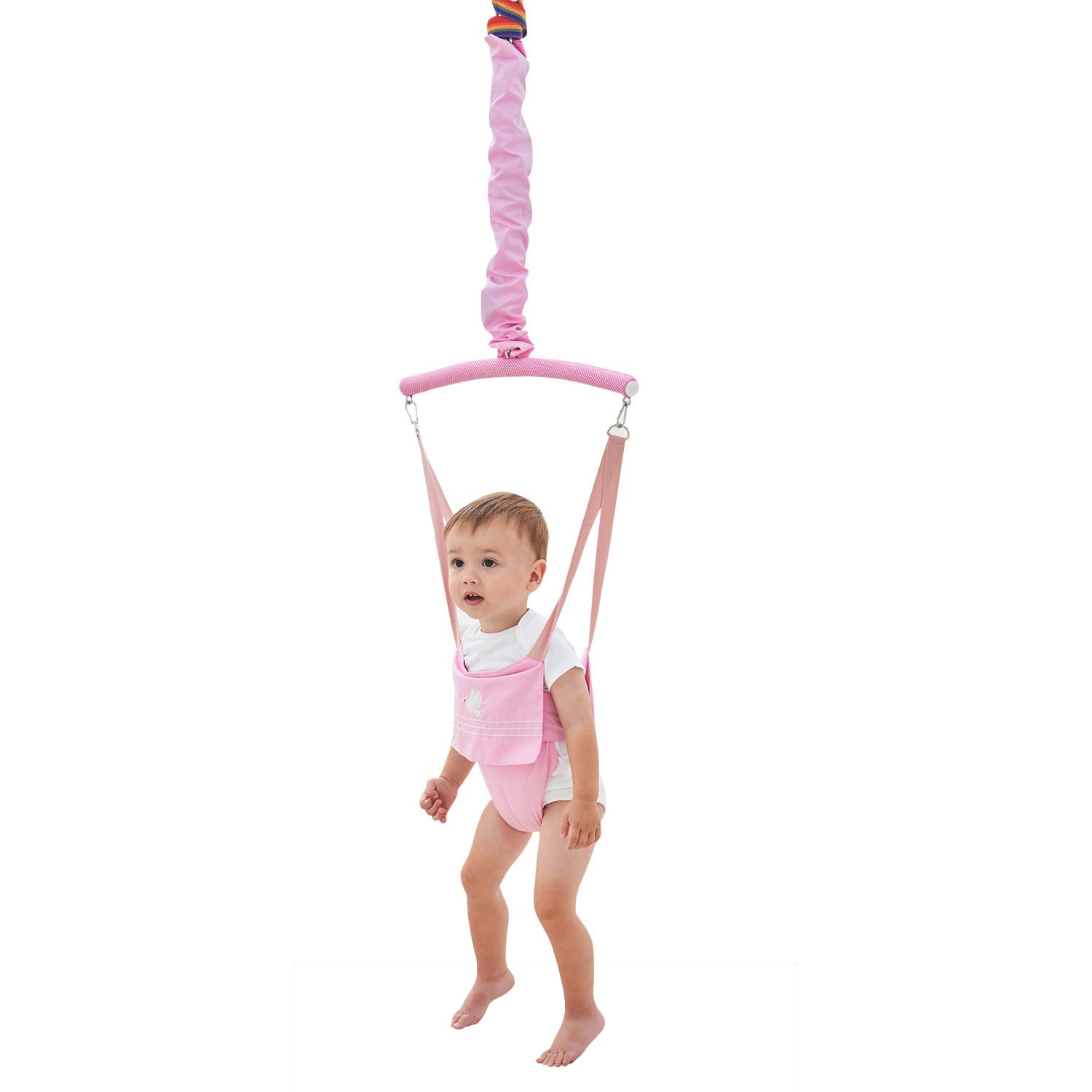 Suspended baby jumper with fabric-covered spring