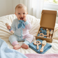 Personalized Newborn Gift Set 6 Pieces – Wooden Teething Toys, Rattle, Baby Brush & Muslin Comfort Blanket