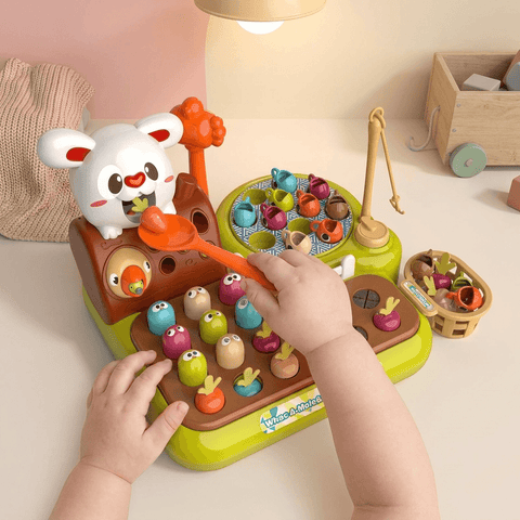 Montessori Wooden Activity Toy with Fishing, Feeding, Pull String & Whack-a-Mole Game