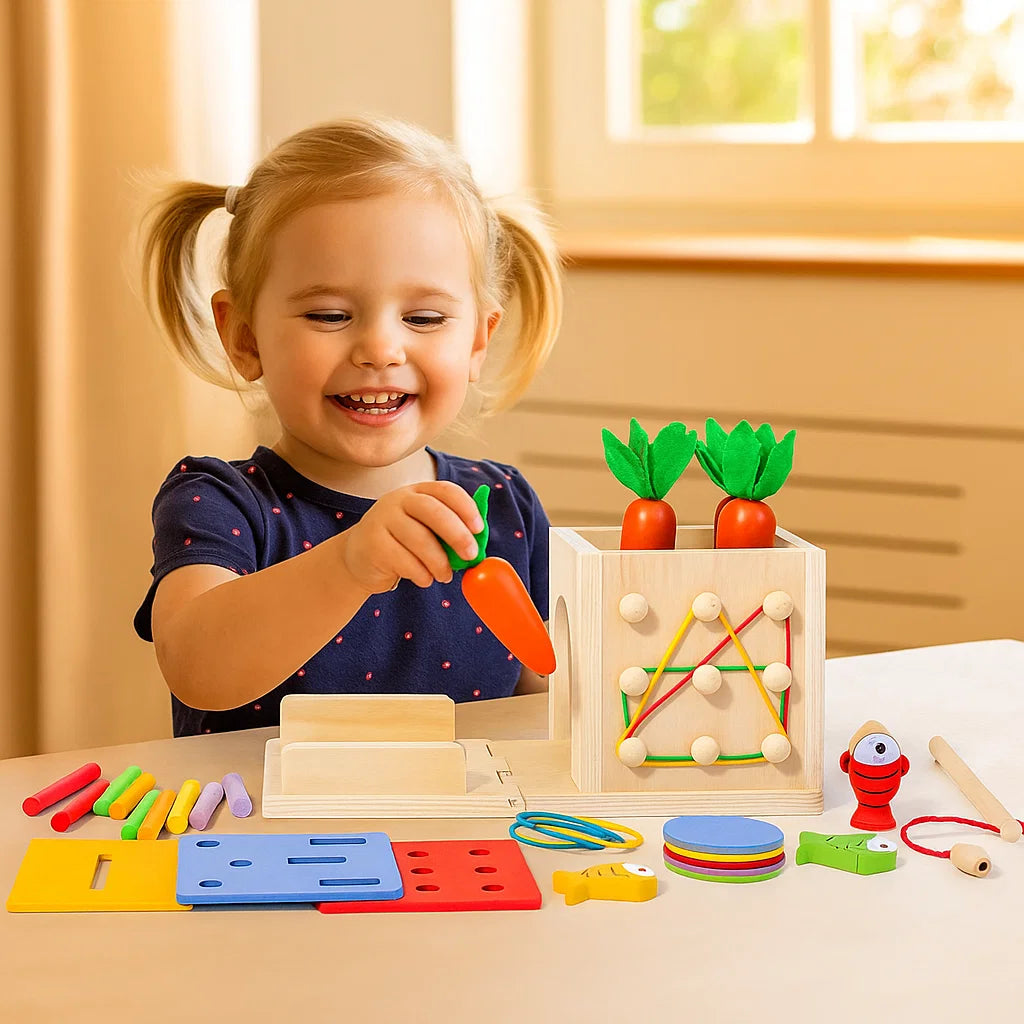 6-in-1 Montessori Wooden Activity Cube – Shapes & Figures Learning Toy for Toddlers