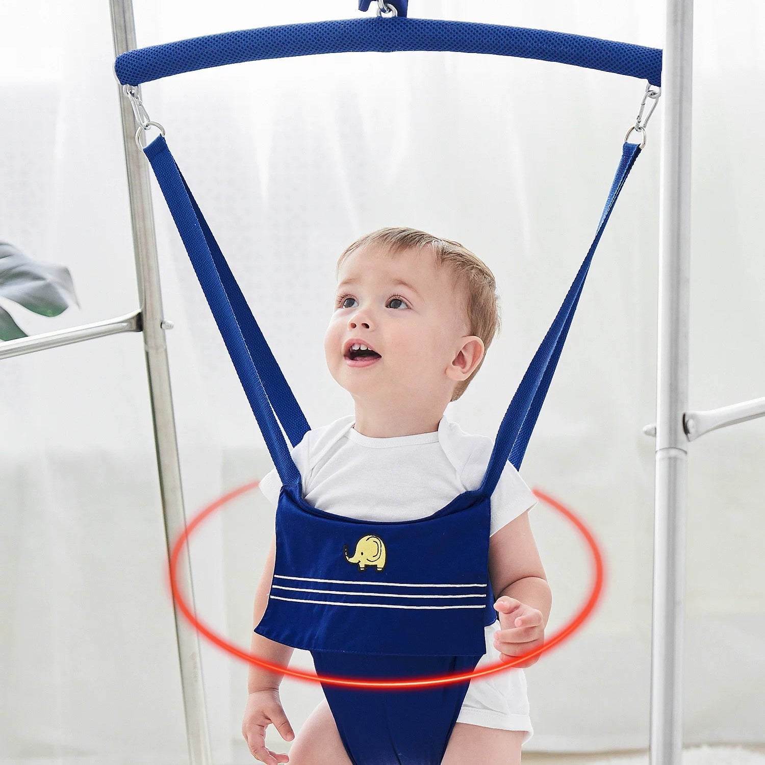 Suspended baby jumper with fabric-covered spring