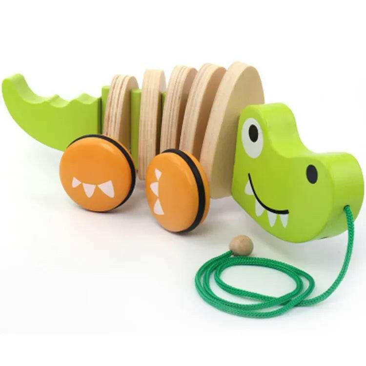 Wooden Animal Pull Toy for Toddlers – Educational Dog & Crocodile Pull-Along Toy