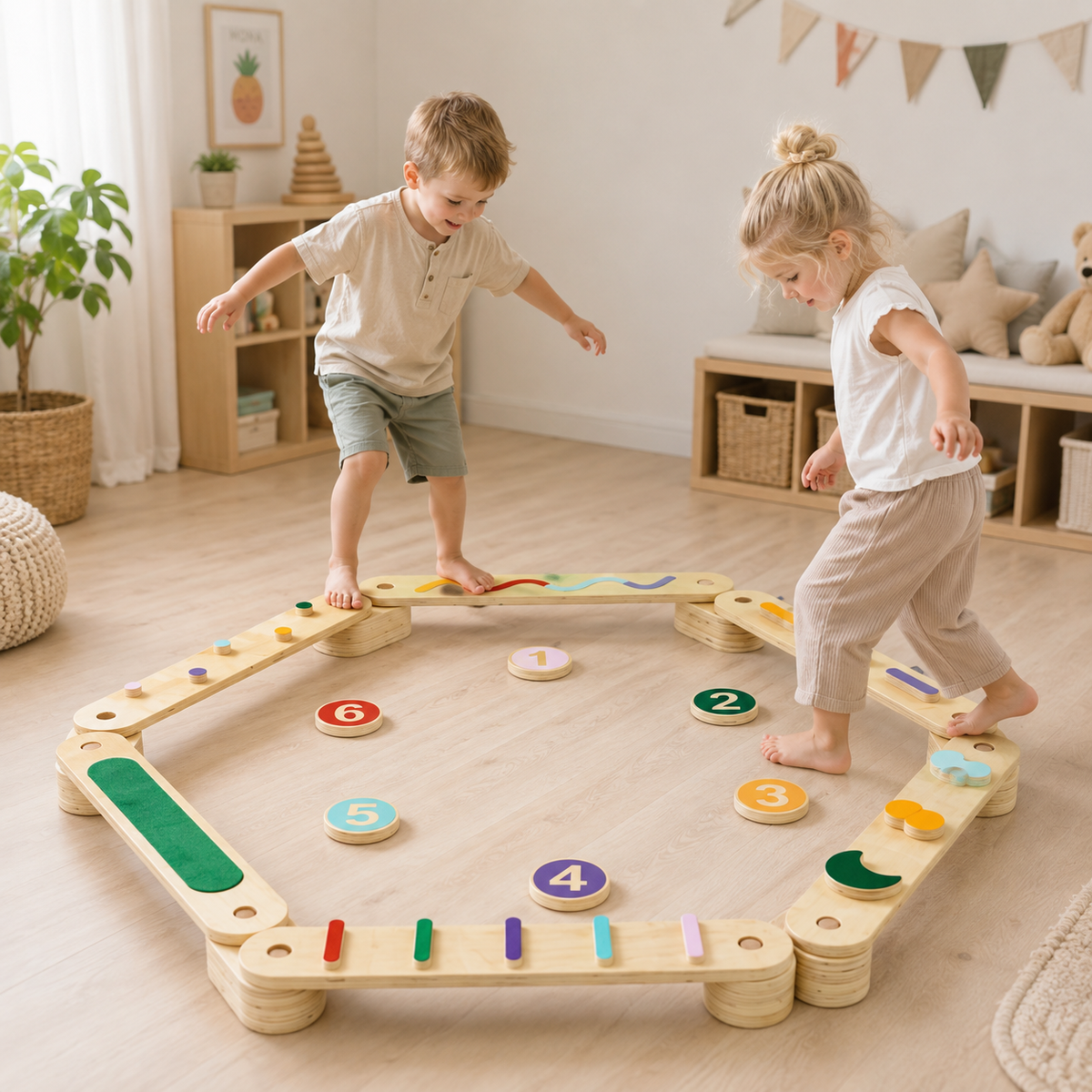 Modular Wooden Balance Beam Course with Stepping Blocks