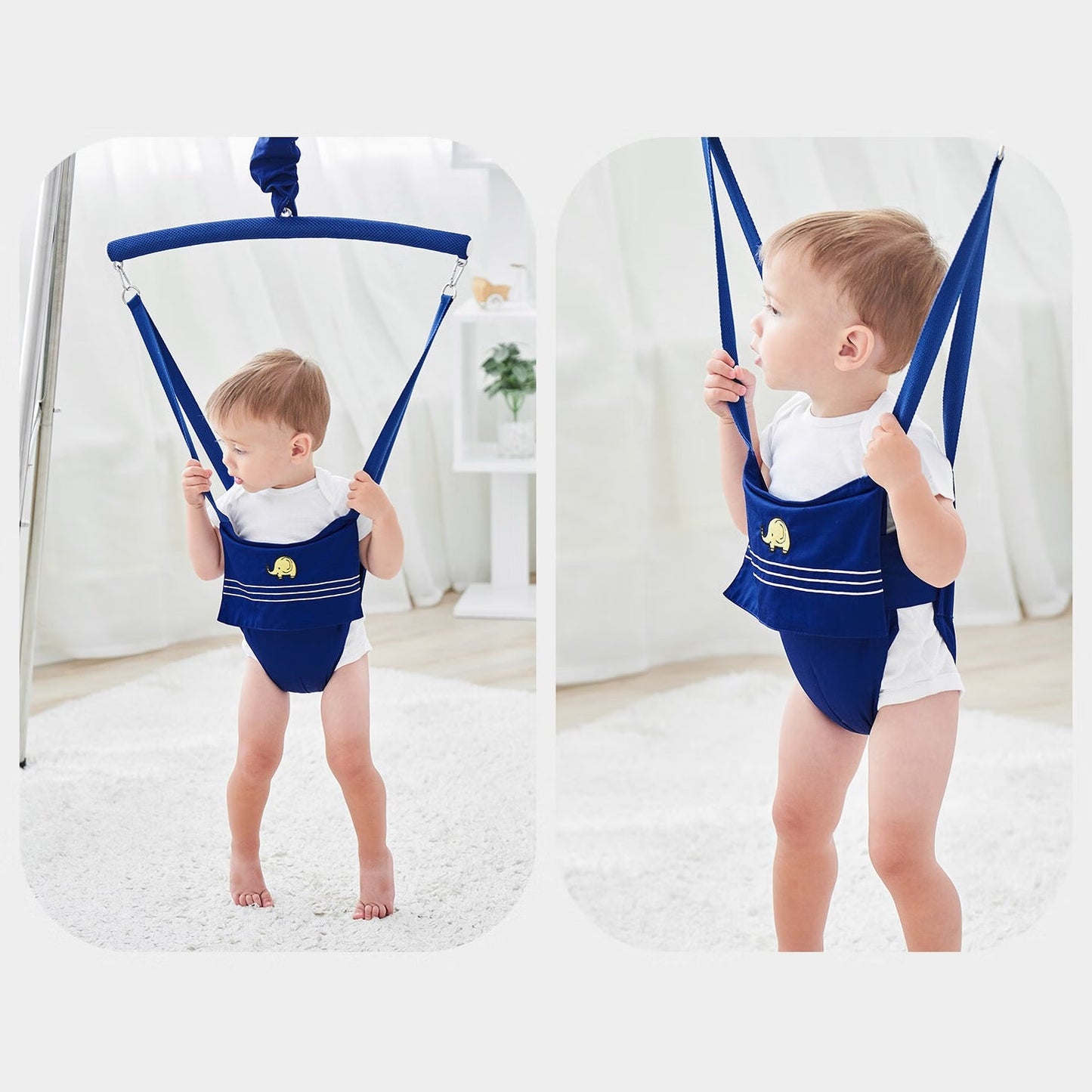 Suspended baby jumper with fabric-covered spring