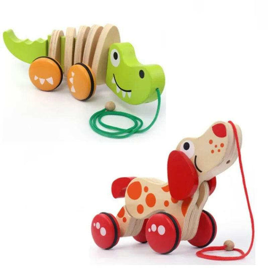 Wooden Animal Pull Toy for Toddlers – Educational Dog & Crocodile Pull-Along Toy