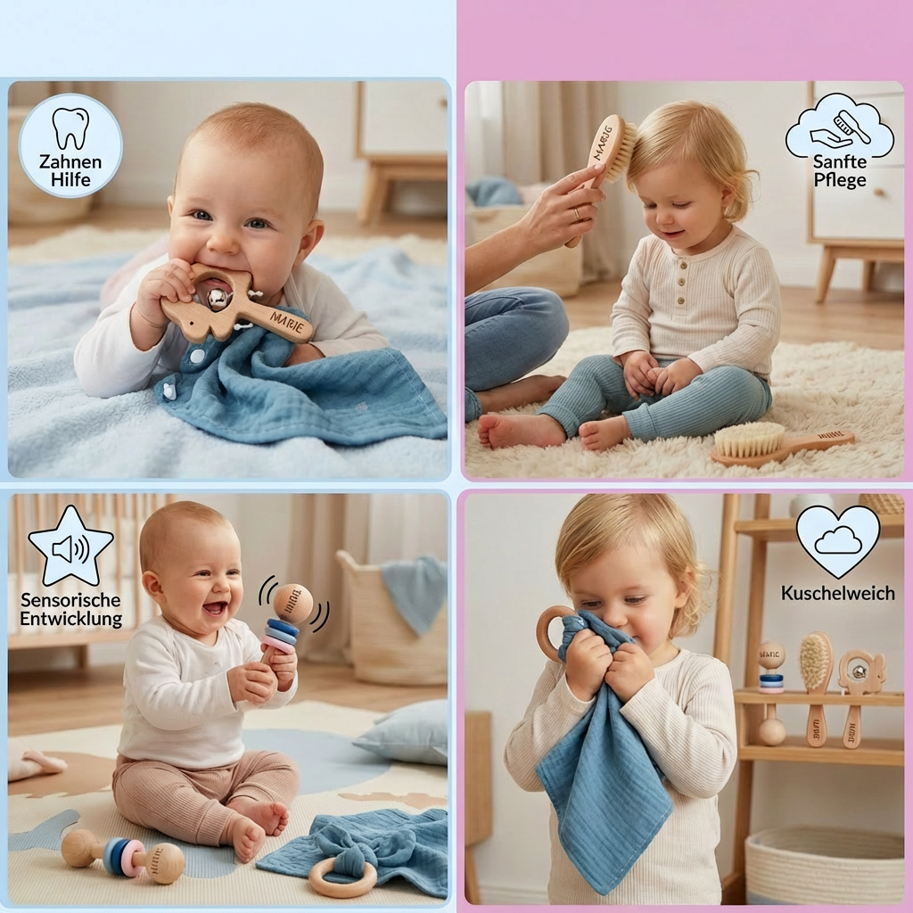 Personalized Newborn Gift Set 6 Pieces – Wooden Teething Toys, Rattle, Baby Brush & Muslin Comfort Blanket