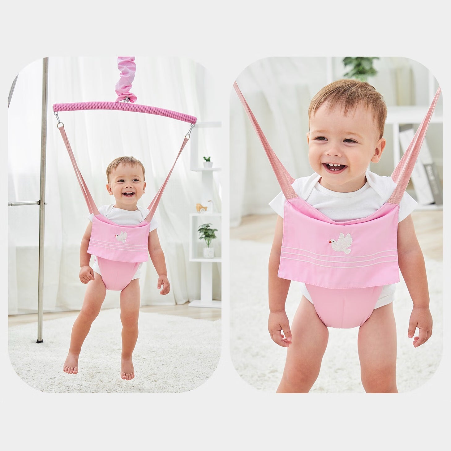 Suspended baby jumper with fabric-covered spring