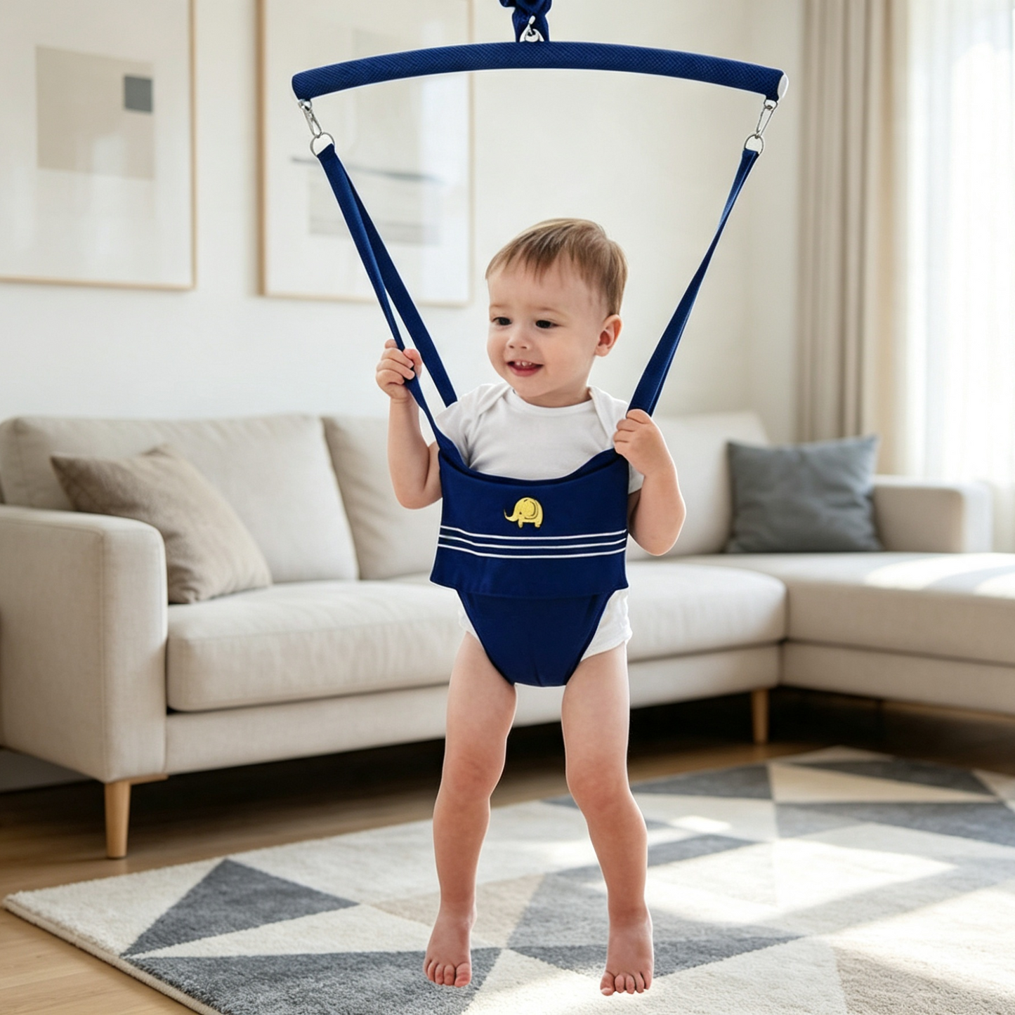 Suspended baby jumper with fabric-covered spring