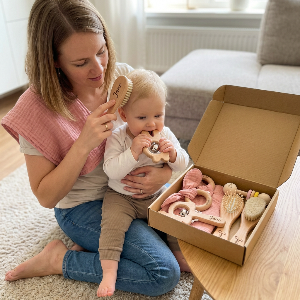 Personalized Newborn Gift Set 6 Pieces – Wooden Teething Toys, Rattle, Baby Brush & Muslin Comfort Blanket