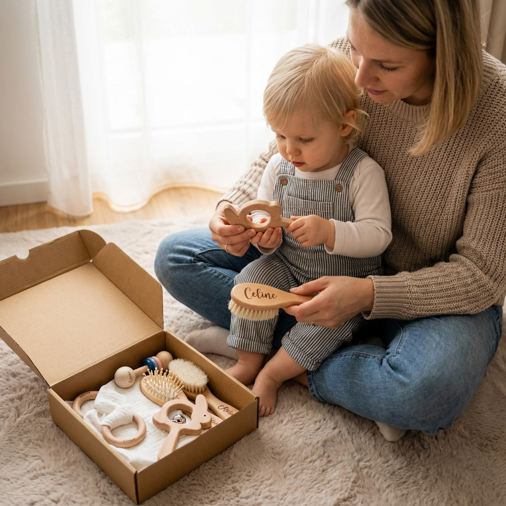 Personalized Newborn Gift Set 6 Pieces – Wooden Teething Toys, Rattle, Baby Brush & Muslin Comfort Blanket