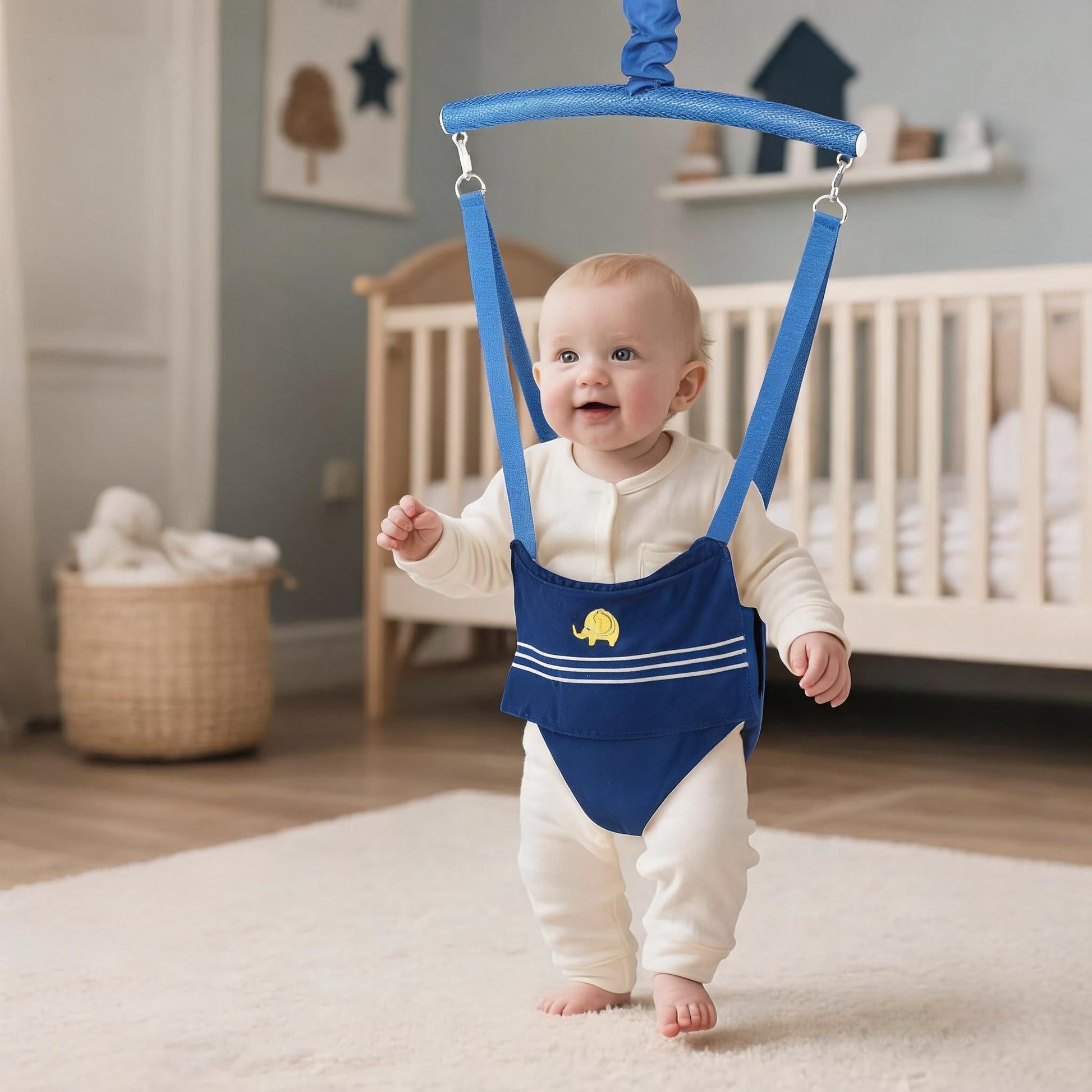 Suspended baby jumper with fabric-covered spring