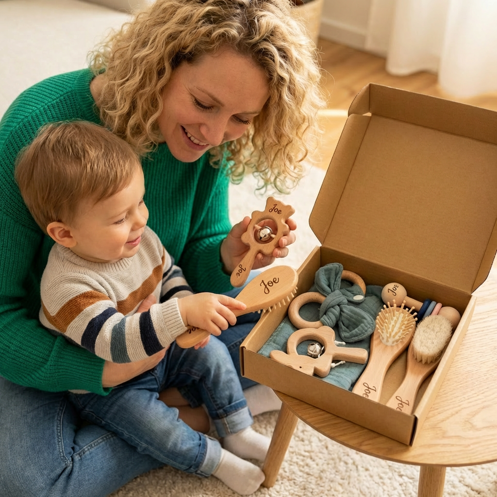 Personalized Newborn Gift Set 6 Pieces – Wooden Teething Toys, Rattle, Baby Brush & Muslin Comfort Blanket