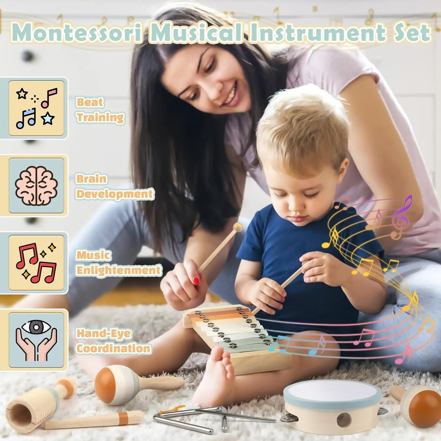 Montessori Wooden Musical Instrument Set for Toddlers | Xylophone, Maracas & Percussion Toys | Early Learning Music Toy