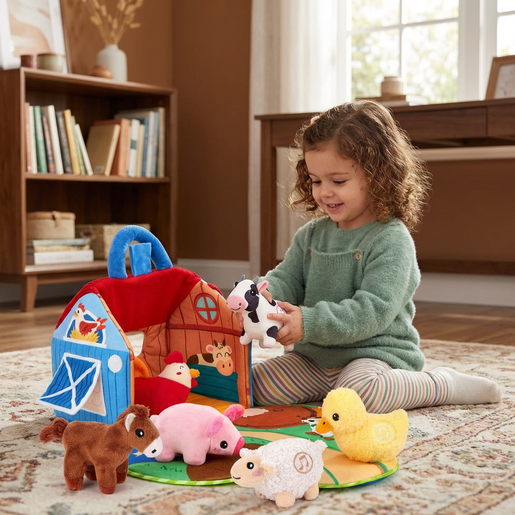 Farm Animal Plush Playset with Portable Barn