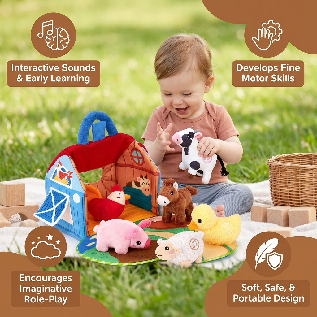 Farm Animal Plush Playset with Portable Barn