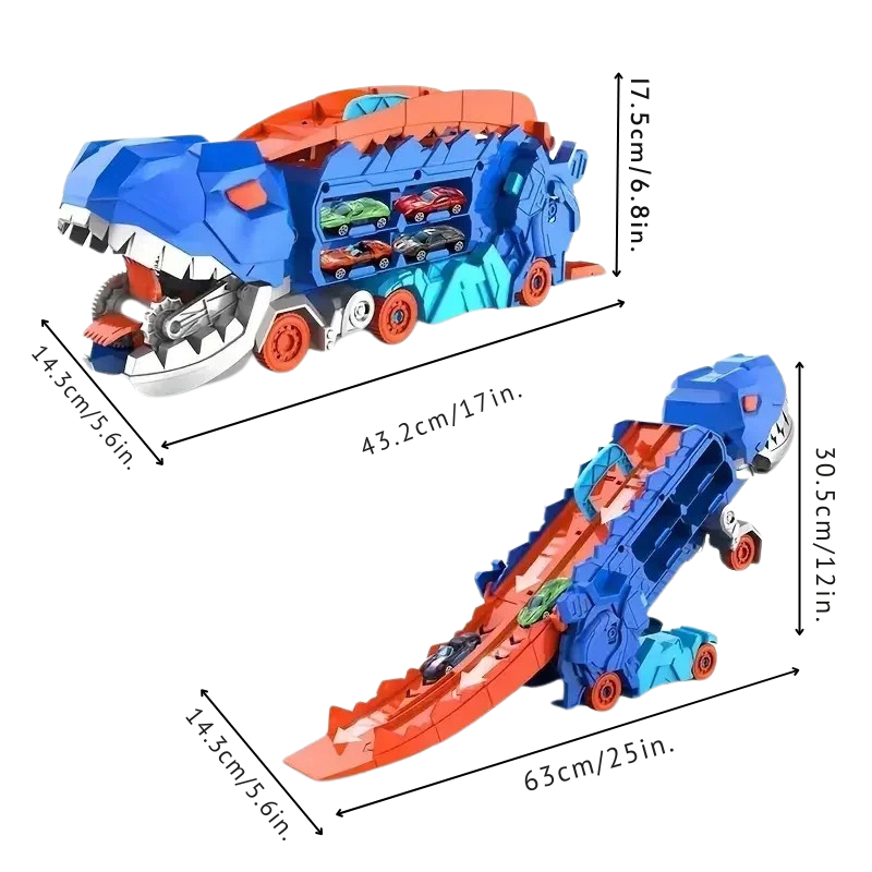 Transforming dinosaur car carrier with racing track