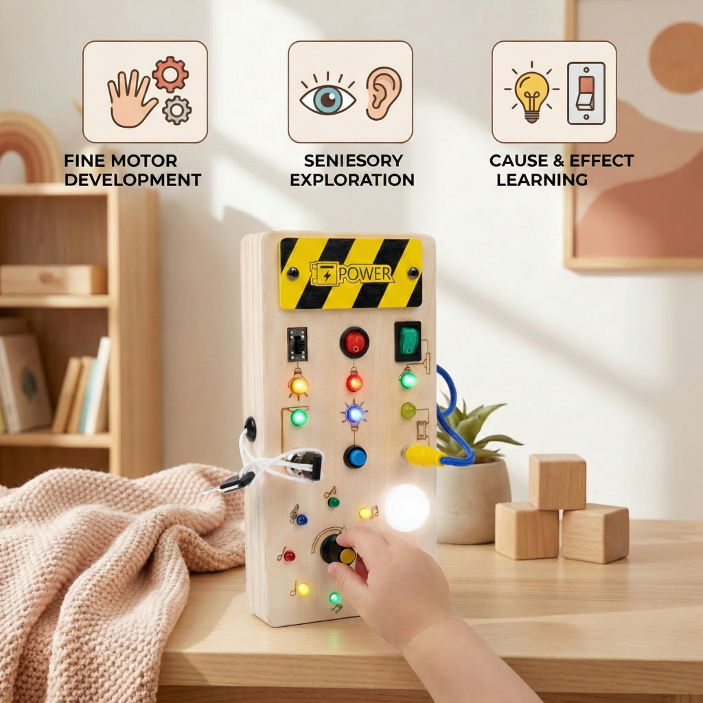 Wooden Montessori Busy Board with Lights and Switches