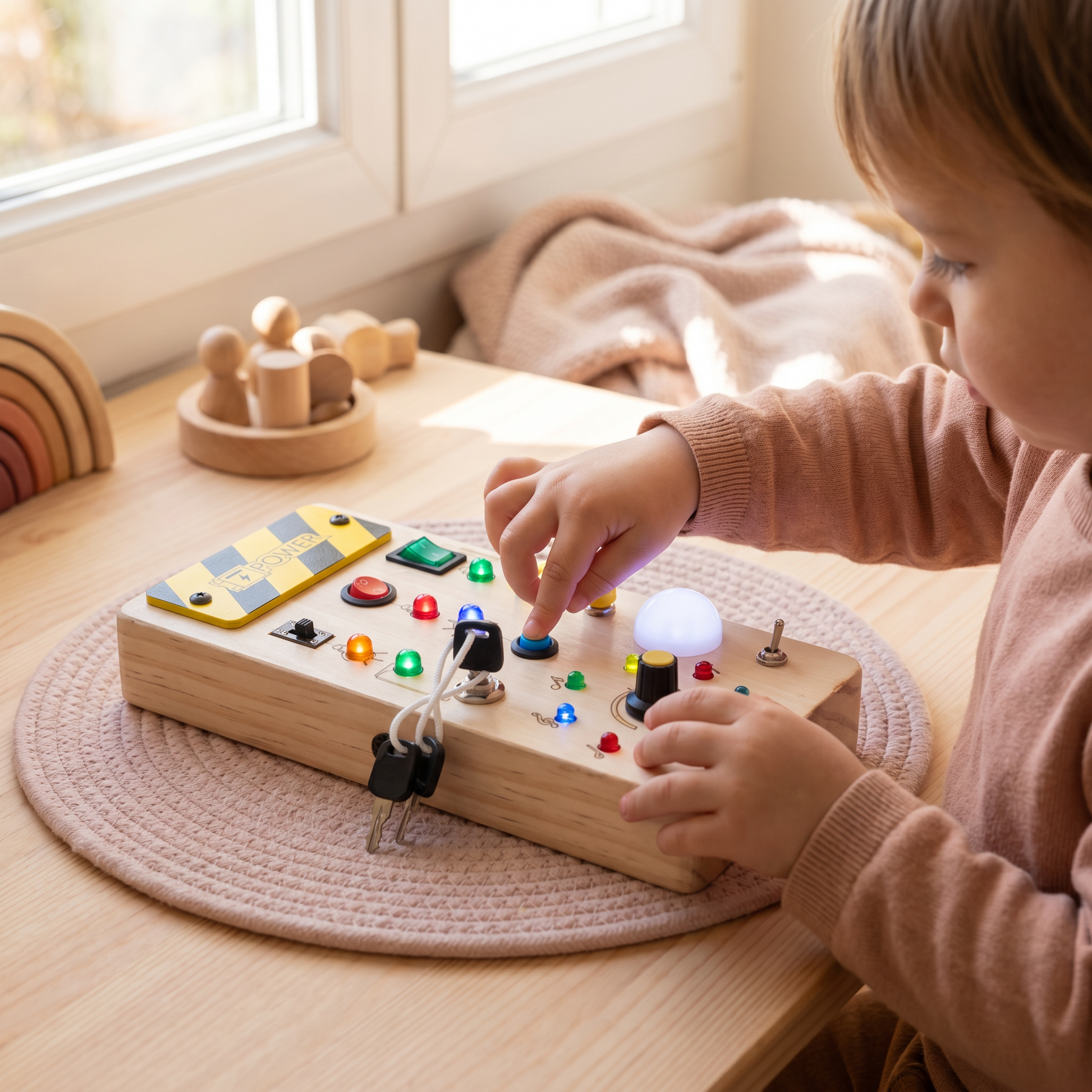 Wooden Montessori Busy Board with Lights and Switches