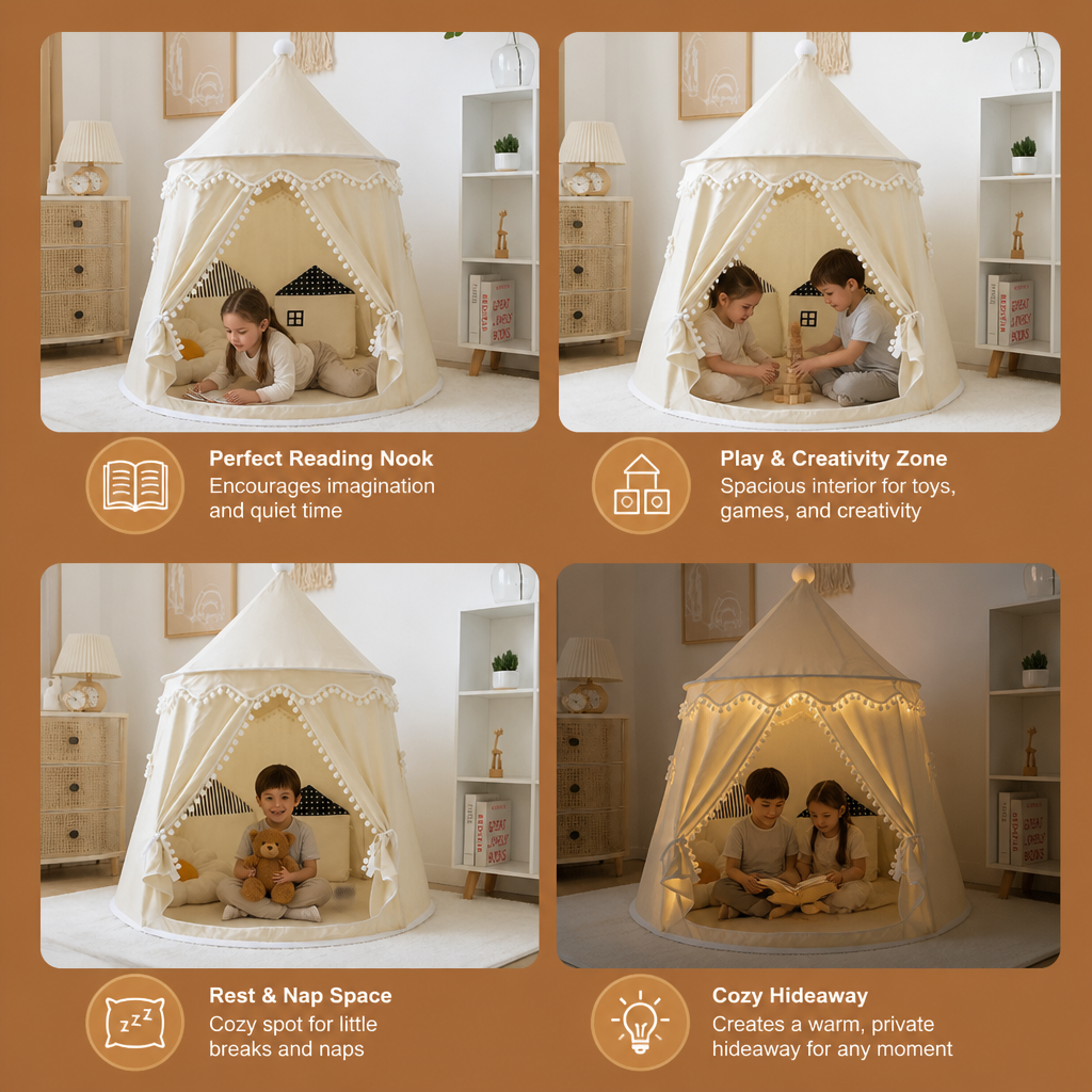 Kids' Indoor Play Tent with Pom-Pom Trim for Reading and Play