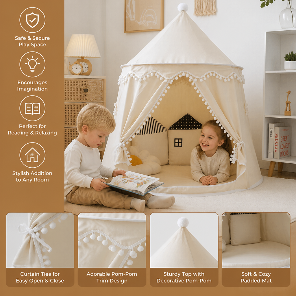 Kids' Indoor Play Tent with Pom-Pom Trim for Reading and Play