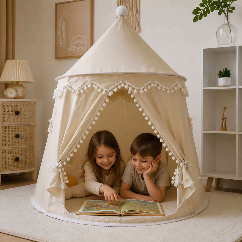 Kids' Indoor Play Tent with Pom-Pom Trim for Reading and Play
