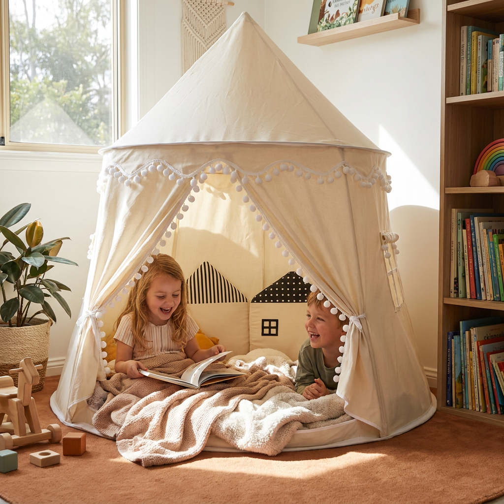 Kids' Indoor Play Tent with Pom-Pom Trim for Reading and Play